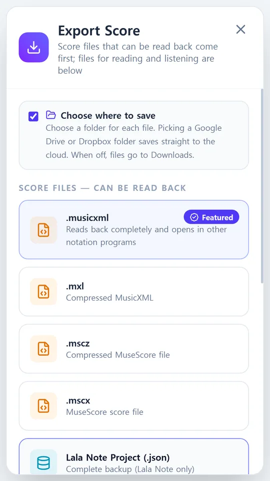 MusicXML, PDF, MIDI and more