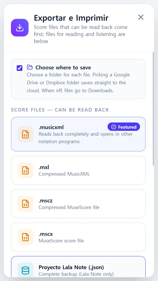 MusicXML, PDF, MIDI y más