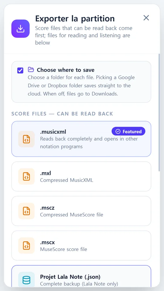 MusicXML, PDF, MIDI et plus
