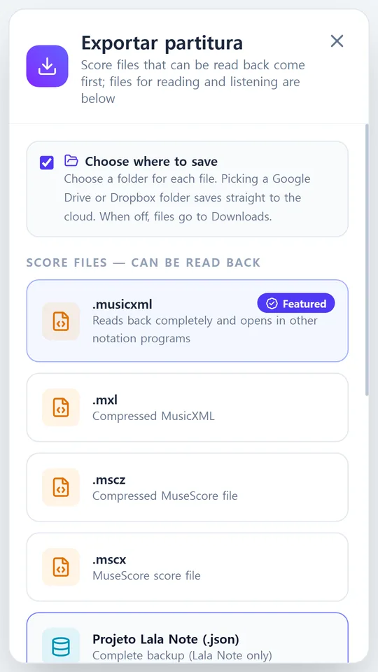 MusicXML, PDF, MIDI e mais